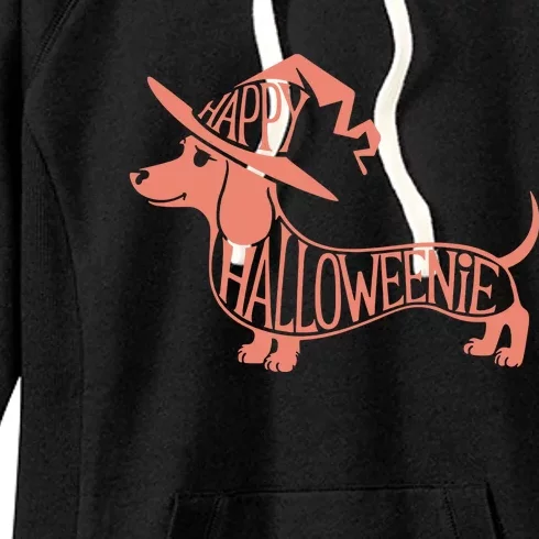 Happy Halloweenie Weiner Dog Cute Dachshund Witch Hat Vneck Women's Fleece Hoodie