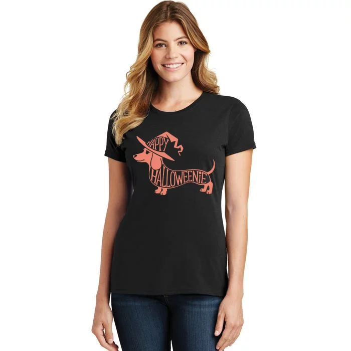 Happy Halloweenie Weiner Dog Cute Dachshund Witch Hat Vneck Women's T-Shirt