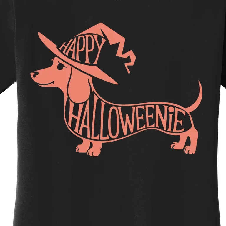 Happy Halloweenie Weiner Dog Cute Dachshund Witch Hat Vneck Women's T-Shirt