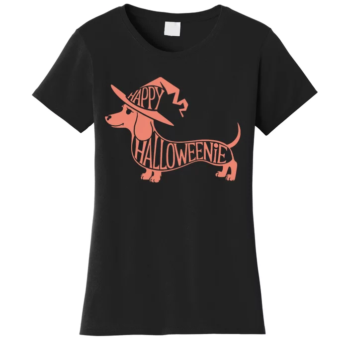 Happy Halloweenie Weiner Dog Cute Dachshund Witch Hat Vneck Women's T-Shirt