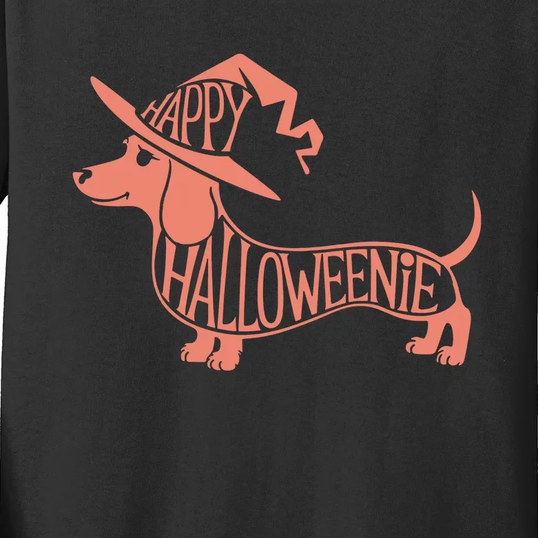 Happy Halloweenie Weiner Dog Cute Dachshund Witch Hat Vneck Kids Long Sleeve Shirt