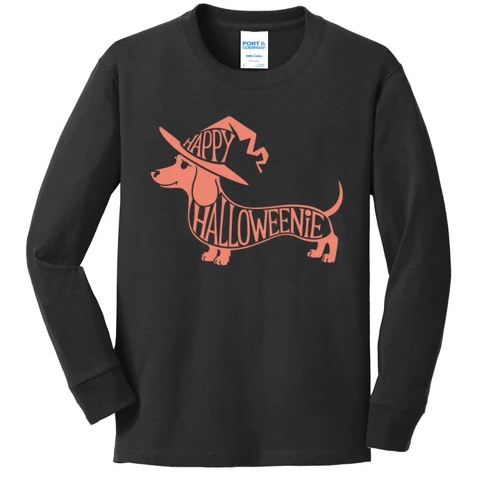 Happy Halloweenie Weiner Dog Cute Dachshund Witch Hat Vneck Kids Long Sleeve Shirt