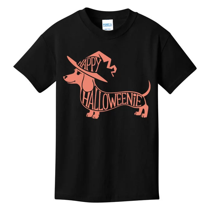 Happy Halloweenie Weiner Dog Cute Dachshund Witch Hat Vneck Kids T-Shirt