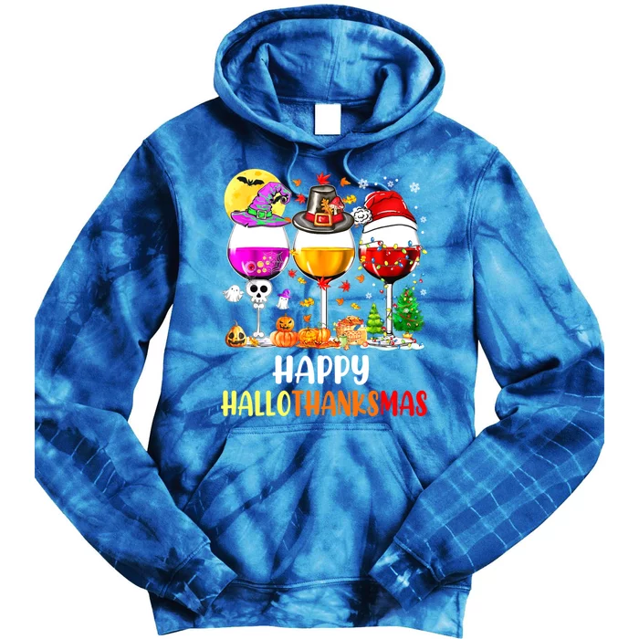 Happy Hallothanksmas Wine Glasses Wine Lover Tie Dye Hoodie