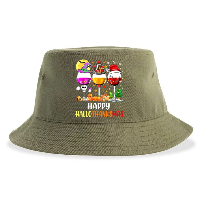 Happy Hallothanksmas Wine Glasses Wine Lover Sustainable Bucket Hat