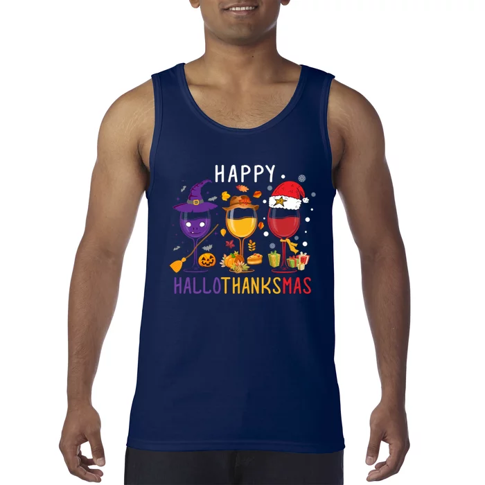 Happy Hallothanksmas Wine Halloween Thanksgiving Christmas Tank Top