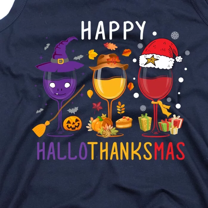 Happy Hallothanksmas Wine Halloween Thanksgiving Christmas Tank Top