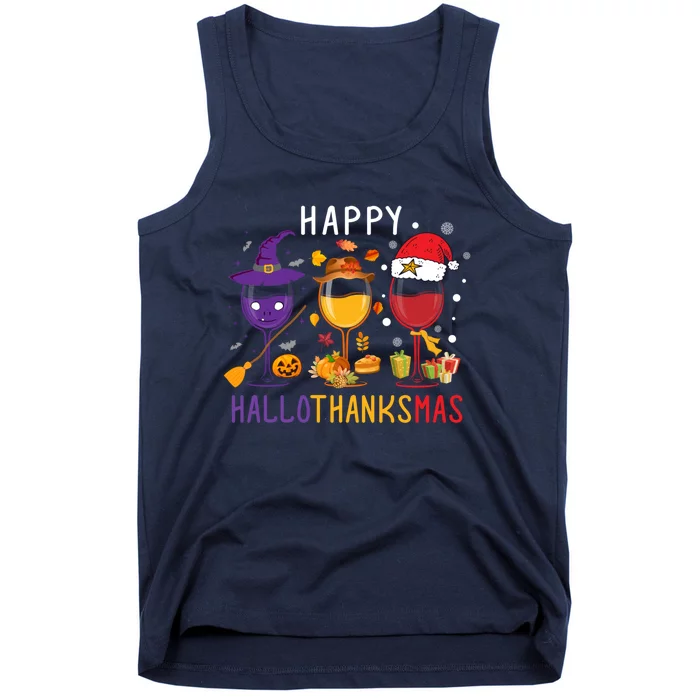 Happy Hallothanksmas Wine Halloween Thanksgiving Christmas Tank Top