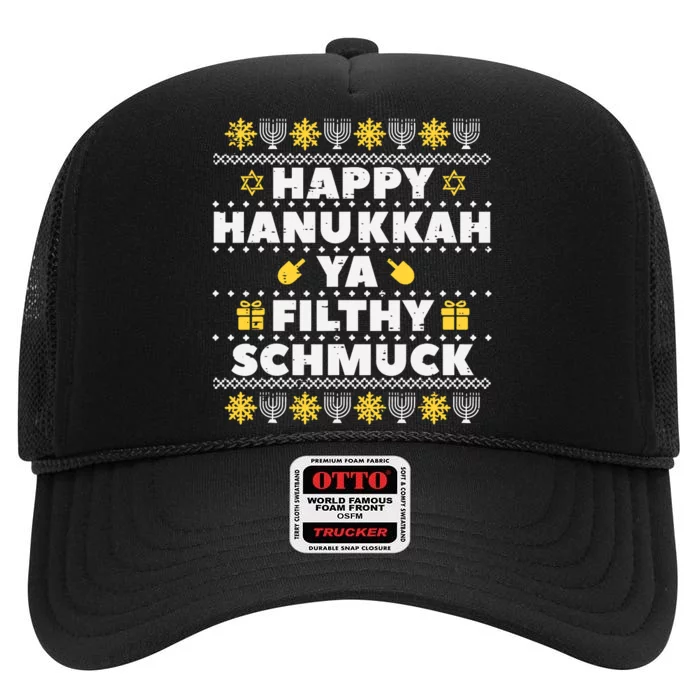 Happy Hanukkah Ya Filthy Ugly Chanukah Funny Jew High Crown Mesh Trucker Hat