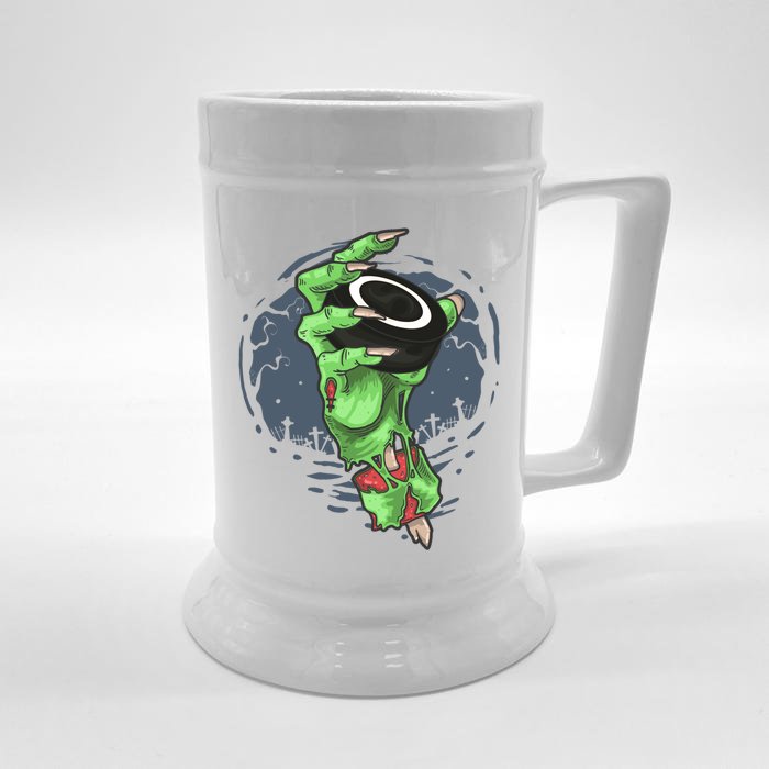 Hockey Halloween Zombie Hand Holding An Ice Hockey Puck Great Gift Front & Back Beer Stein