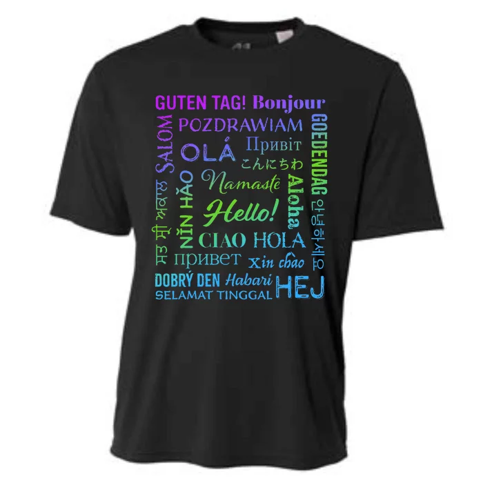 Hello in 22 Different Languages Word ESL Teachers Students Cooling Performance Crew T-Shirt