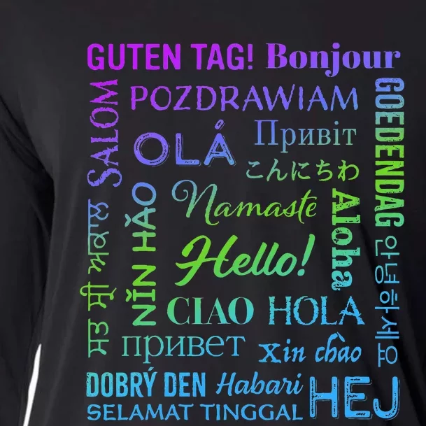 Hello in 22 Different Languages Word ESL Teachers Students Cooling Performance Long Sleeve Crew