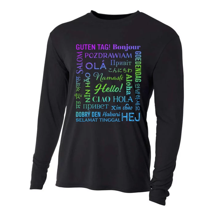 Hello in 22 Different Languages Word ESL Teachers Students Cooling Performance Long Sleeve Crew