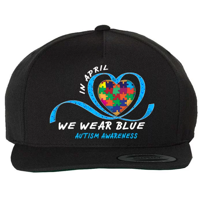 Heart In April We Wear Blue Love Hope Faith Autism Awareness Wool Snapback Cap