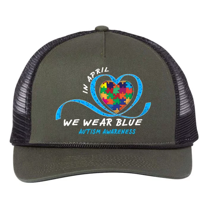 Heart In April We Wear Blue Love Hope Faith Autism Awareness Retro Rope Trucker Hat Cap