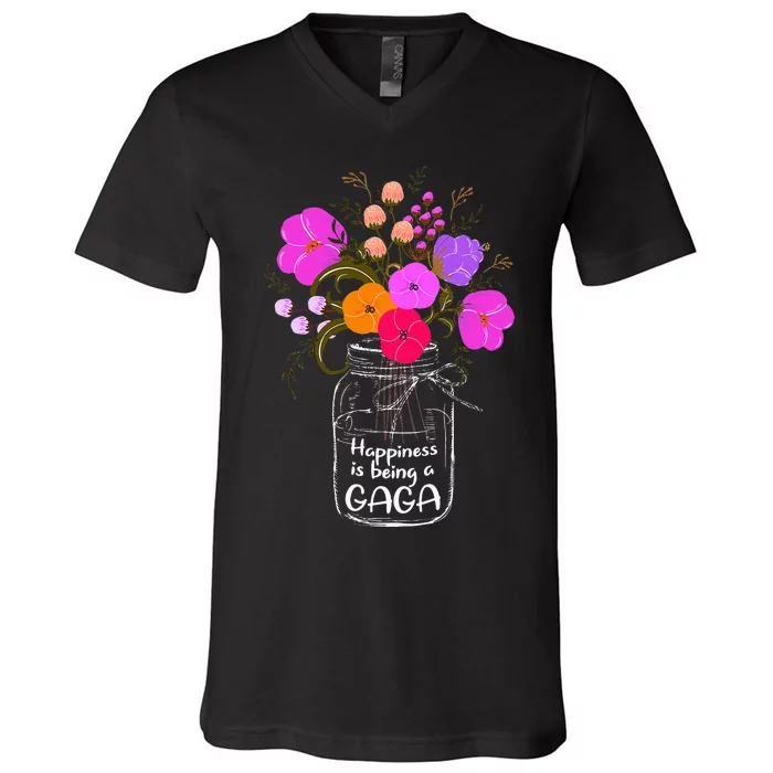 Happiness Is Being A Gaga Gift For Grandma Mom Flower V-Neck T-Shirt