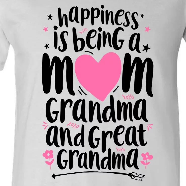 Happiness Is Being A Mom Grandma And Great Grandma V-Neck T-Shirt