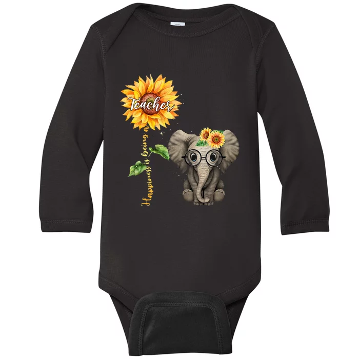 Happiness Is Being A Teacher Sunflower Elephant Hippie Gifts Baby Long Sleeve Bodysuit