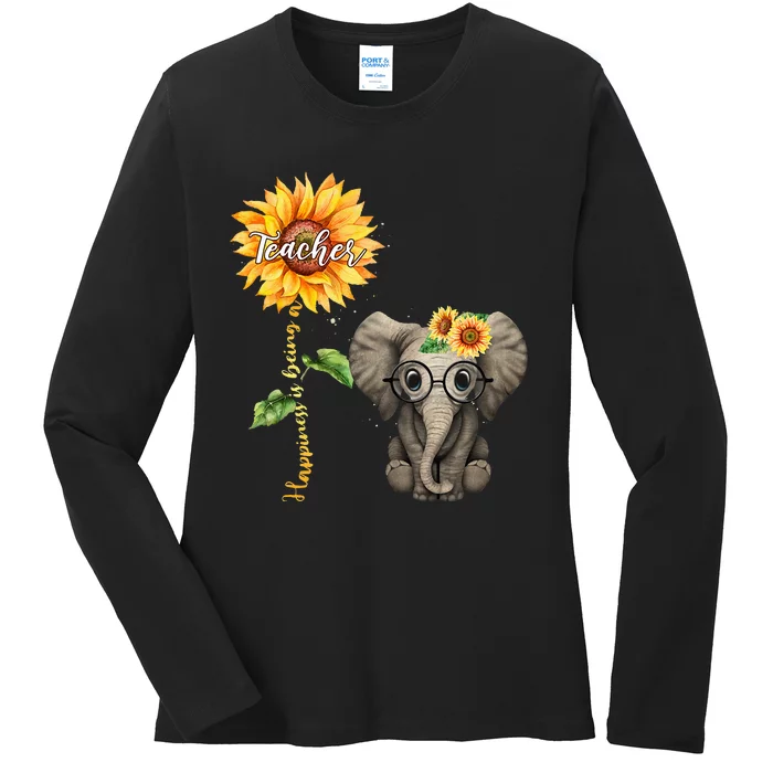 Happiness Is Being A Teacher Sunflower Elephant Hippie Gifts Ladies Long Sleeve Shirt