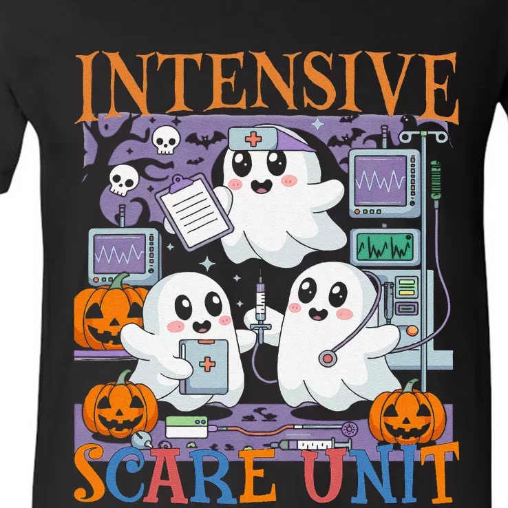 Halloween Intensive Care Scare Unit Ghost Nurse Icu Nursing V-Neck T-Shirt