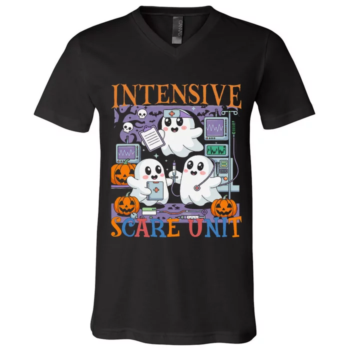 Halloween Intensive Care Scare Unit Ghost Nurse Icu Nursing V-Neck T-Shirt