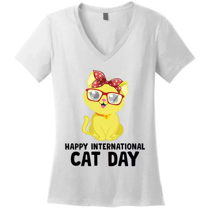 Happy International Cat Day Celebration Graphic Women's V-Neck T-Shirt