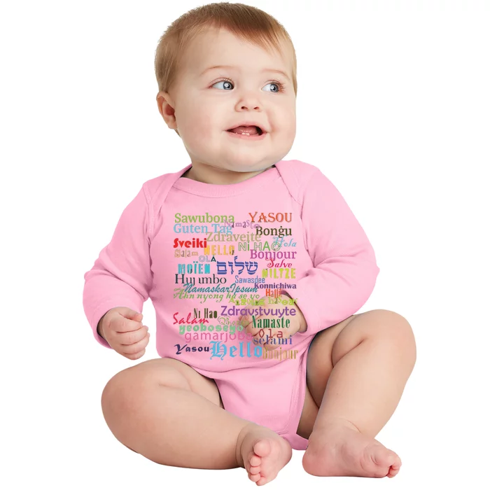 Hello In Different Languages Baby Long Sleeve Bodysuit