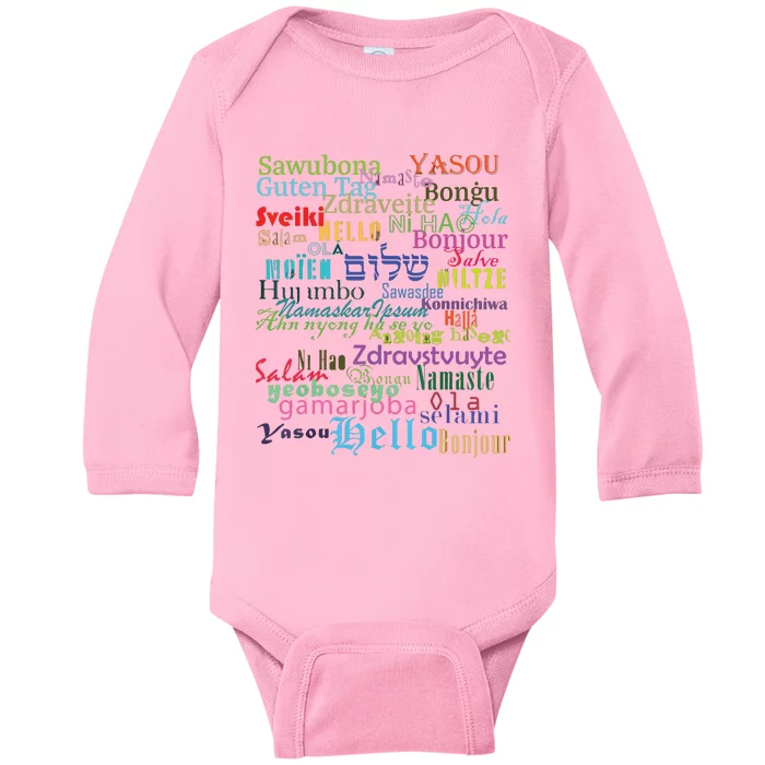 Hello In Different Languages Baby Long Sleeve Bodysuit