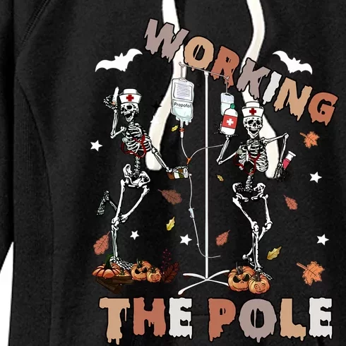 Halloween Icu Er Nurse Working The Nursing Pole Skeleton Cna Cute Gift Women's Fleece Hoodie