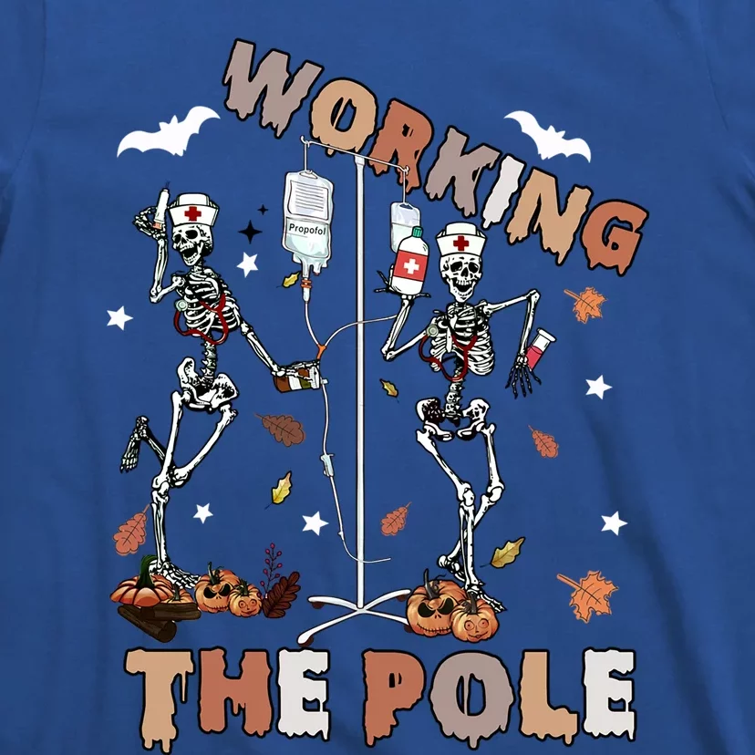 Halloween Icu Er Nurse Working The Nursing Pole Skeleton Cna Cute Gift T-Shirt