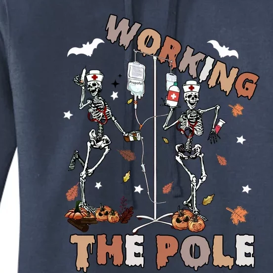 Halloween Icu Er Nurse Working The Nursing Pole Skeleton Cna Cute Gift Women's Pullover Hoodie