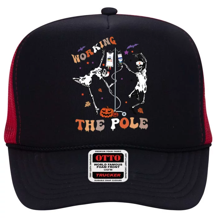 Halloween Icu Er Nurse Working The Pole Skeleton Dance High Crown Mesh Trucker Hat