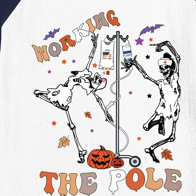 Halloween Icu Er Nurse Working The Pole Skeleton Dance Baseball Sleeve Shirt