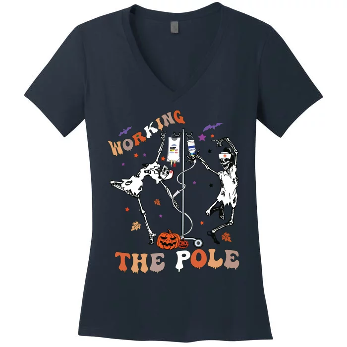 Halloween Icu Er Nurse Working The Pole Skeleton Dance Women's V-Neck T-Shirt