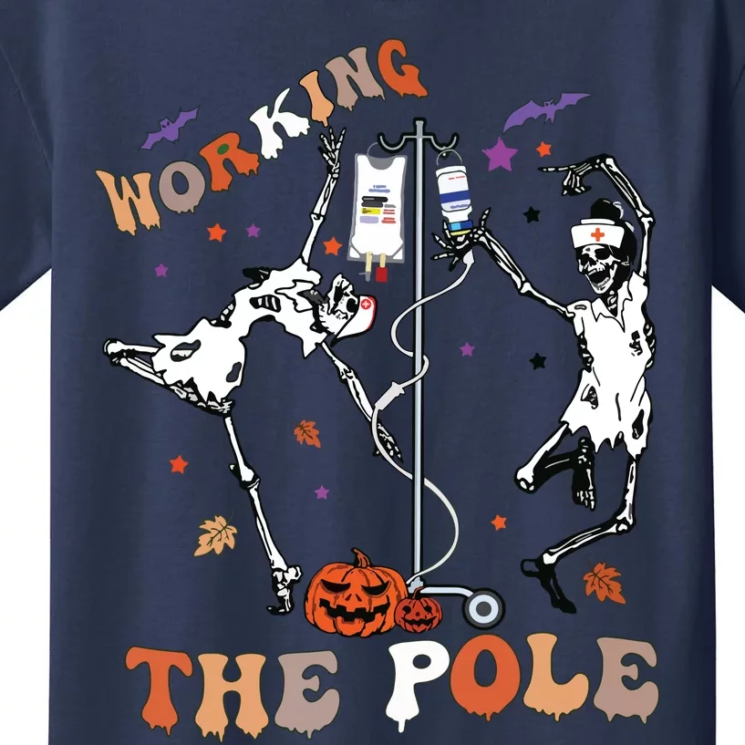 Halloween Icu Er Nurse Working The Pole Skeleton Dance Kids T-Shirt