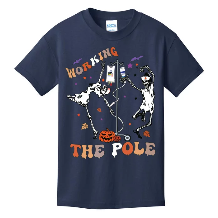 Halloween Icu Er Nurse Working The Pole Skeleton Dance Kids T-Shirt