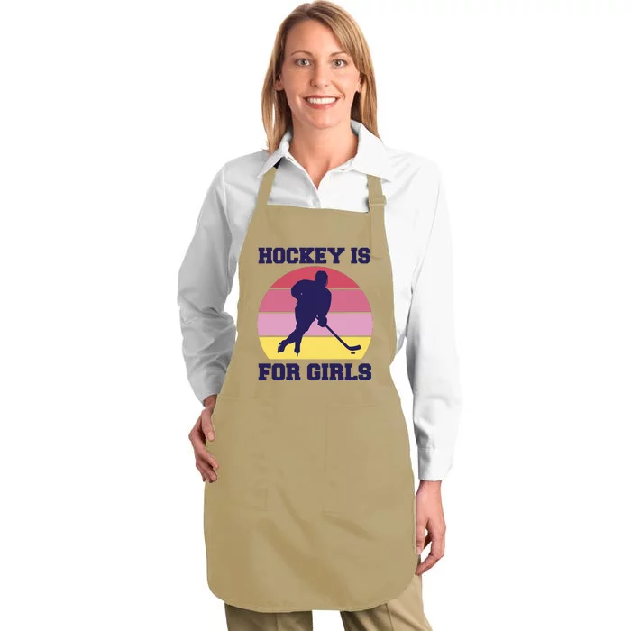 Hockey Is For Girls Retro Sunset Full-Length Apron With Pocket