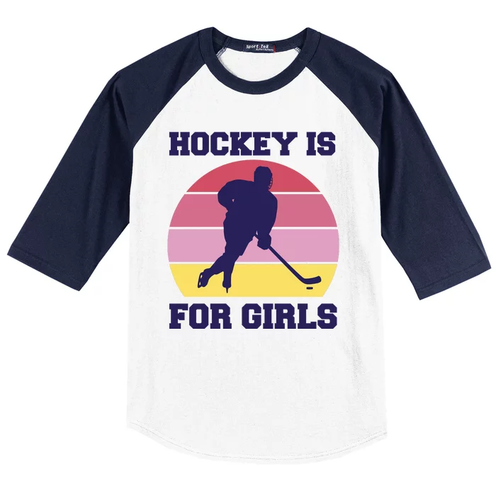 Hockey Is For Girls Retro Sunset Baseball Sleeve Shirt