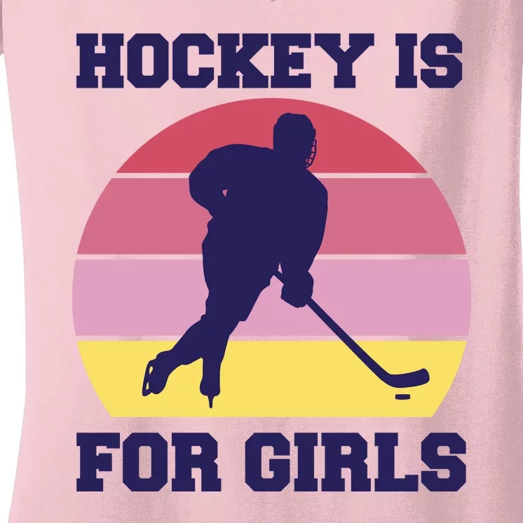 Hockey Is For Girls Retro Sunset Women's V-Neck T-Shirt