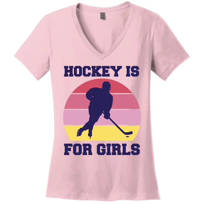 Hockey Is For Girls Retro Sunset Women's V-Neck T-Shirt