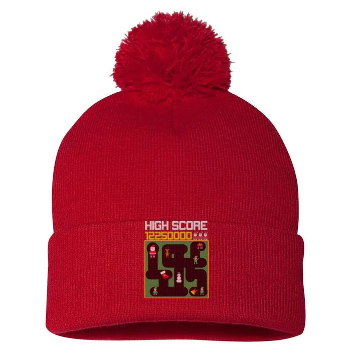 High Score 8-Bit Santa Game Ugly Christmas Pom Pom 12in Knit Beanie