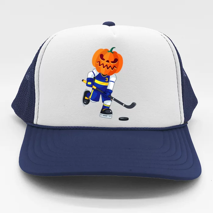 Halloween Ice Hockey Player Pumpkin Head Scary Trucker Hat