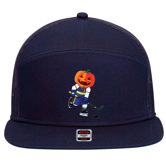 Halloween Ice Hockey Player Pumpkin Head Scary Gift 7 Panel Mesh Trucker Snapback Hat