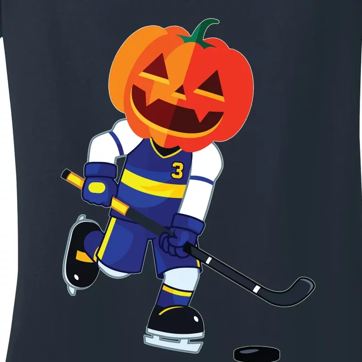 Halloween Ice Hockey Player Pumpkin Head Scary Gift Women's V-Neck T-Shirt