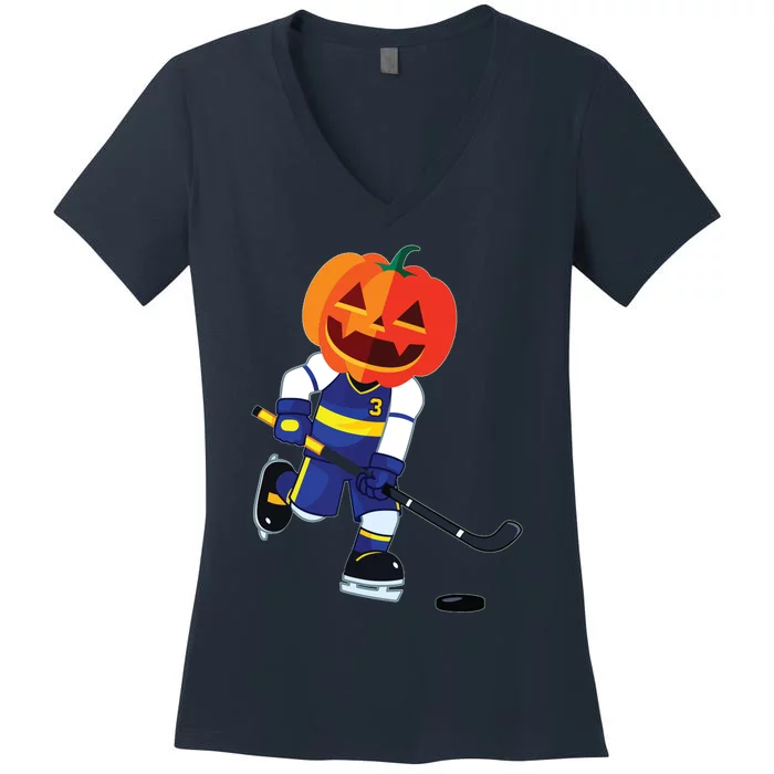 Halloween Ice Hockey Player Pumpkin Head Scary Gift Women's V-Neck T-Shirt