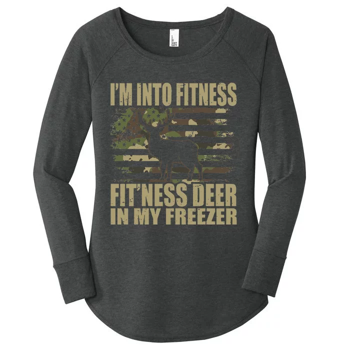 Hunting Im Into Fitness Fitness Deer In My Freezer Women's Perfect Tri Tunic Long Sleeve Shirt