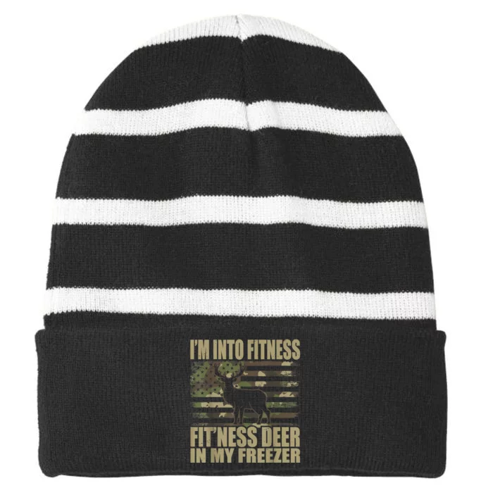 Hunting I'm Into Fitness Fit'ness Deer In My Freezer Striped Beanie with Solid Band