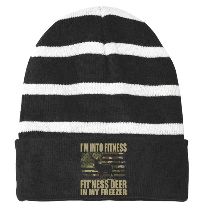 Hunting Im Into Fitness Fitness Deer In My Freezer Striped Beanie with Solid Band