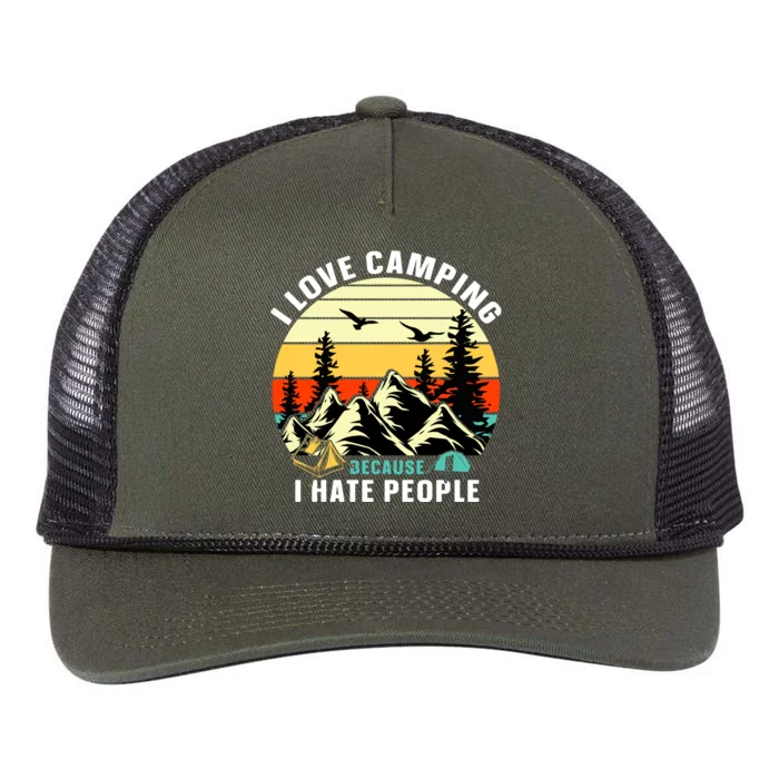 Humor I Love Camping Because I Hate People Retro Sunset Retro Rope Trucker Hat Cap