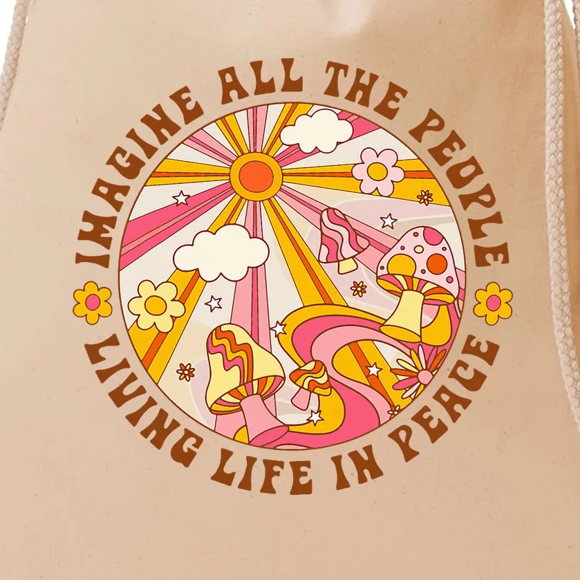 Hippie Imagine Living Life In Peace Sign Mushroom Retro 70s Drawstring Bag